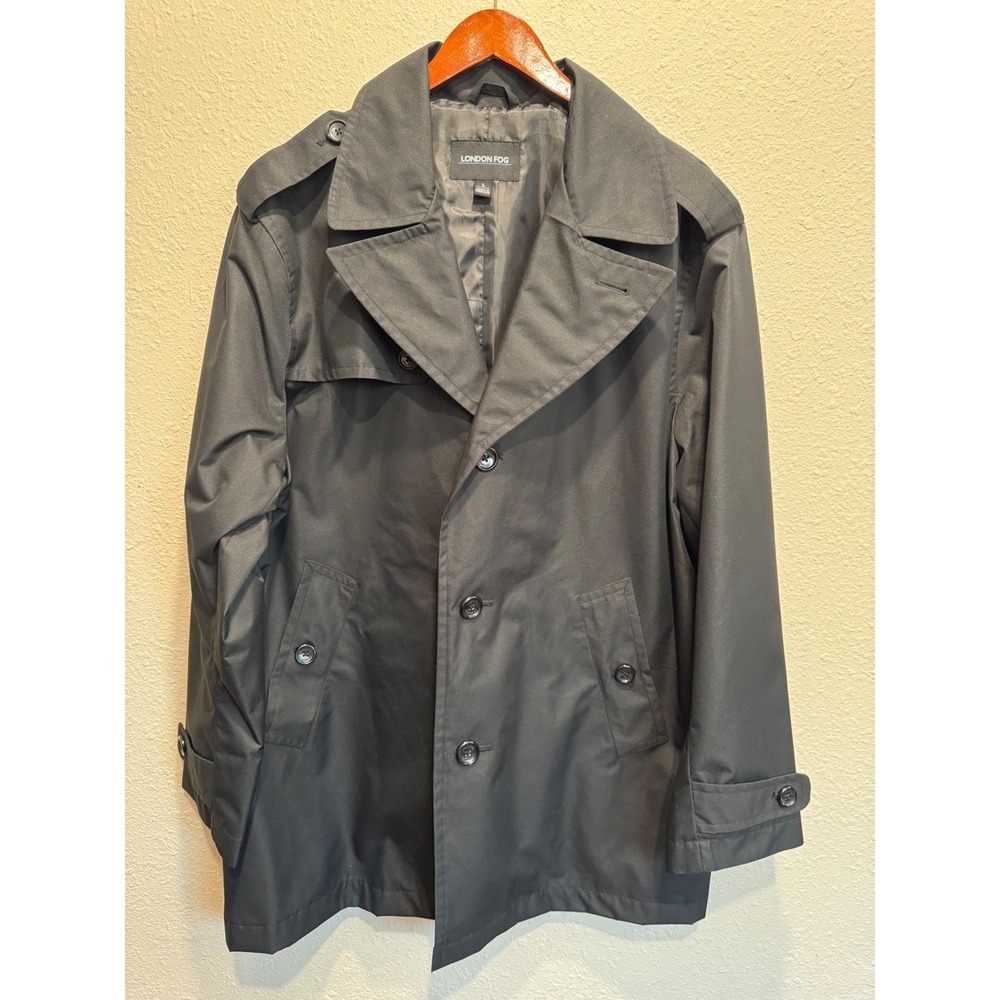London Fog Mens Black Trench Coat Button Front Mid Length Jacket Size L